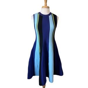 SCOOP Women's L Sleeveless Ribbed Knit Sweater Dress Stripe Fit & Flare MOD